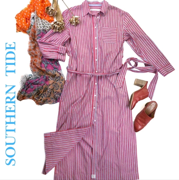 Southern Tide Dresses & Skirts - New Southern Tide Striped Red and White Womens Belted Pocketed Maxi Dress Sz S